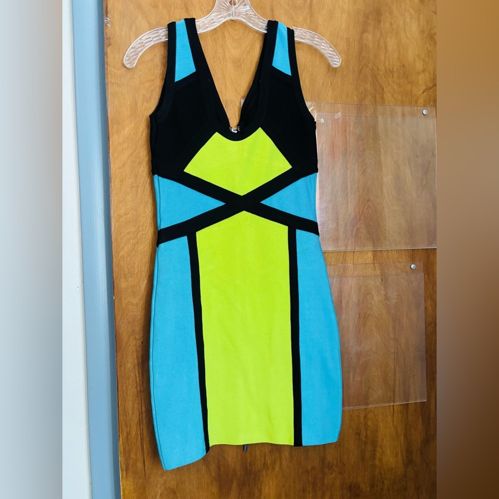 BEBE Colorblock Mini Dress - Black, Blue, Yellow - Picture 1 of 3